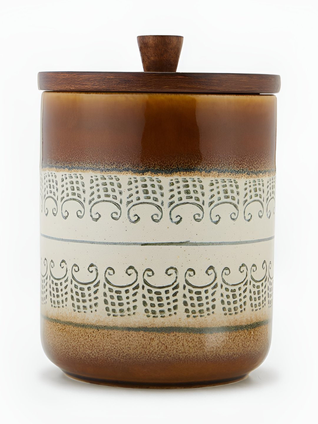 Fabindia Chavi White & Brown Floral Printed Ceramic Jar Container