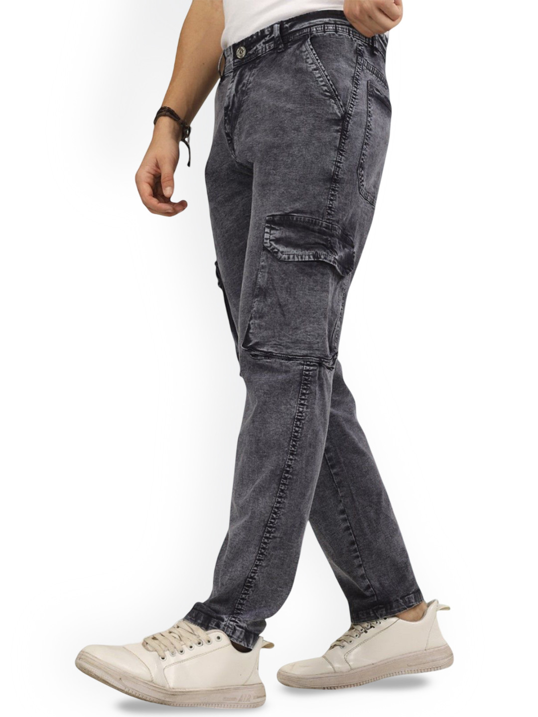 PLUS 91 Men Regular Fit High-Rise Mildly Distressed Heavy Fade Cargo Styles Jeans