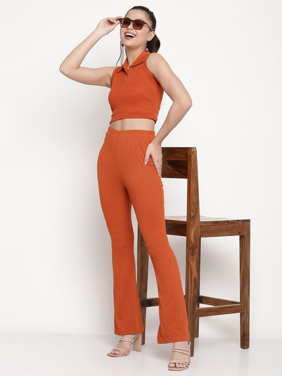 CORSICA Women Shirt Collar Ribbed Tank Crop Top