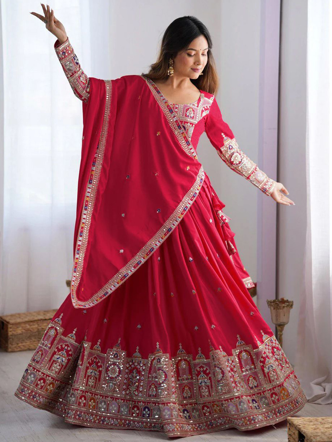 Fashorama Embroidered Thread Work Semi-Stitched Lehenga & Unstitched Blouse With Dupatta