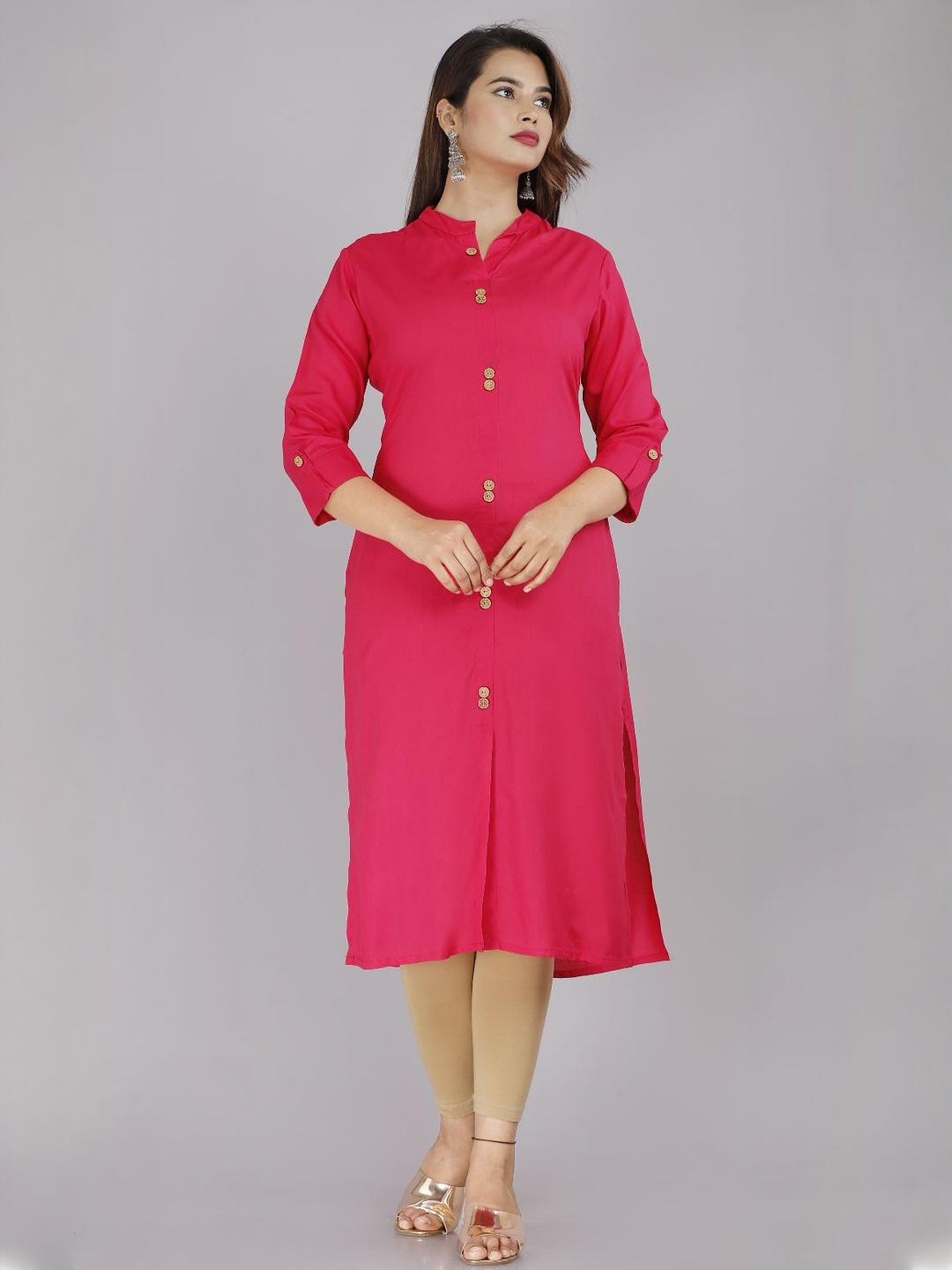 PYARELAL Women Plain Rayon Frontslit Kurta (Pink)