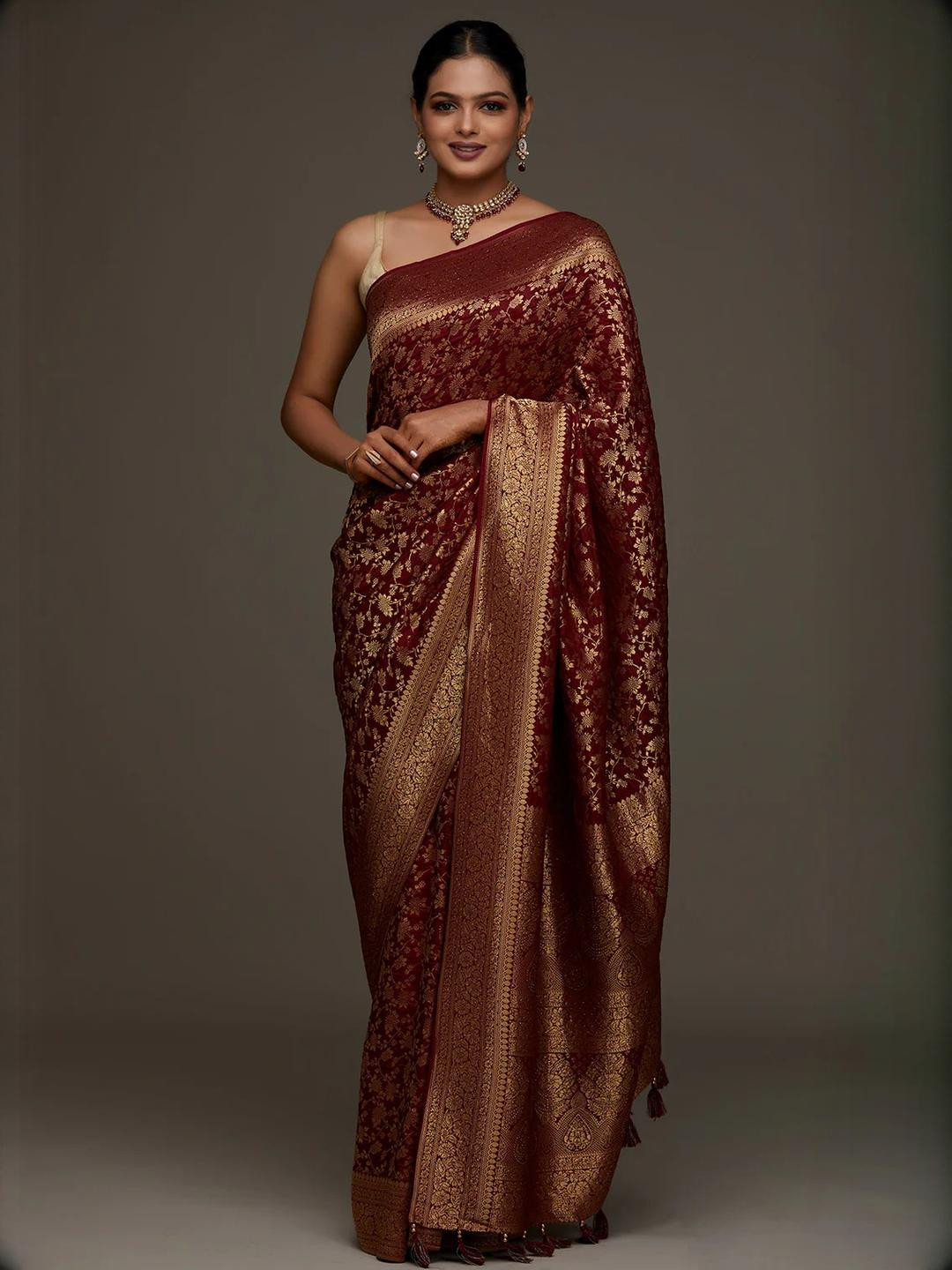 SHOPONBIT Women Embellished Maroon And Gold Toned Poly Silk Saree