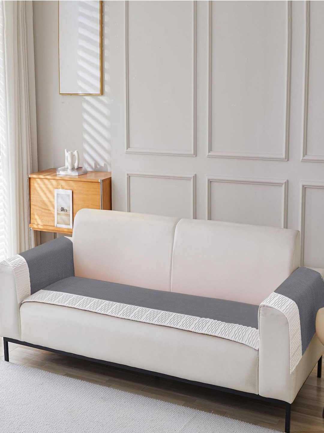 HOUSE OF QUIRK Grey & White Self Design Velvet 2 Seater Sofa Cover Set