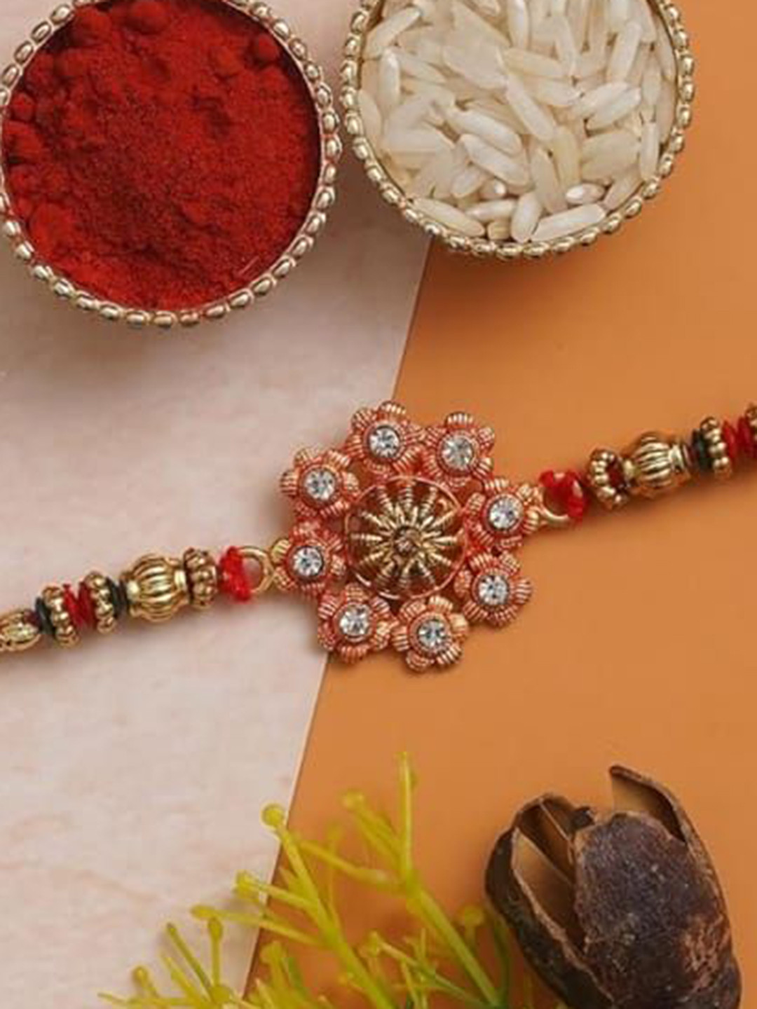 Nutts Stone Studded Rakhi With Pooja Plate Roli Chawal & Rakhi Gifts Set