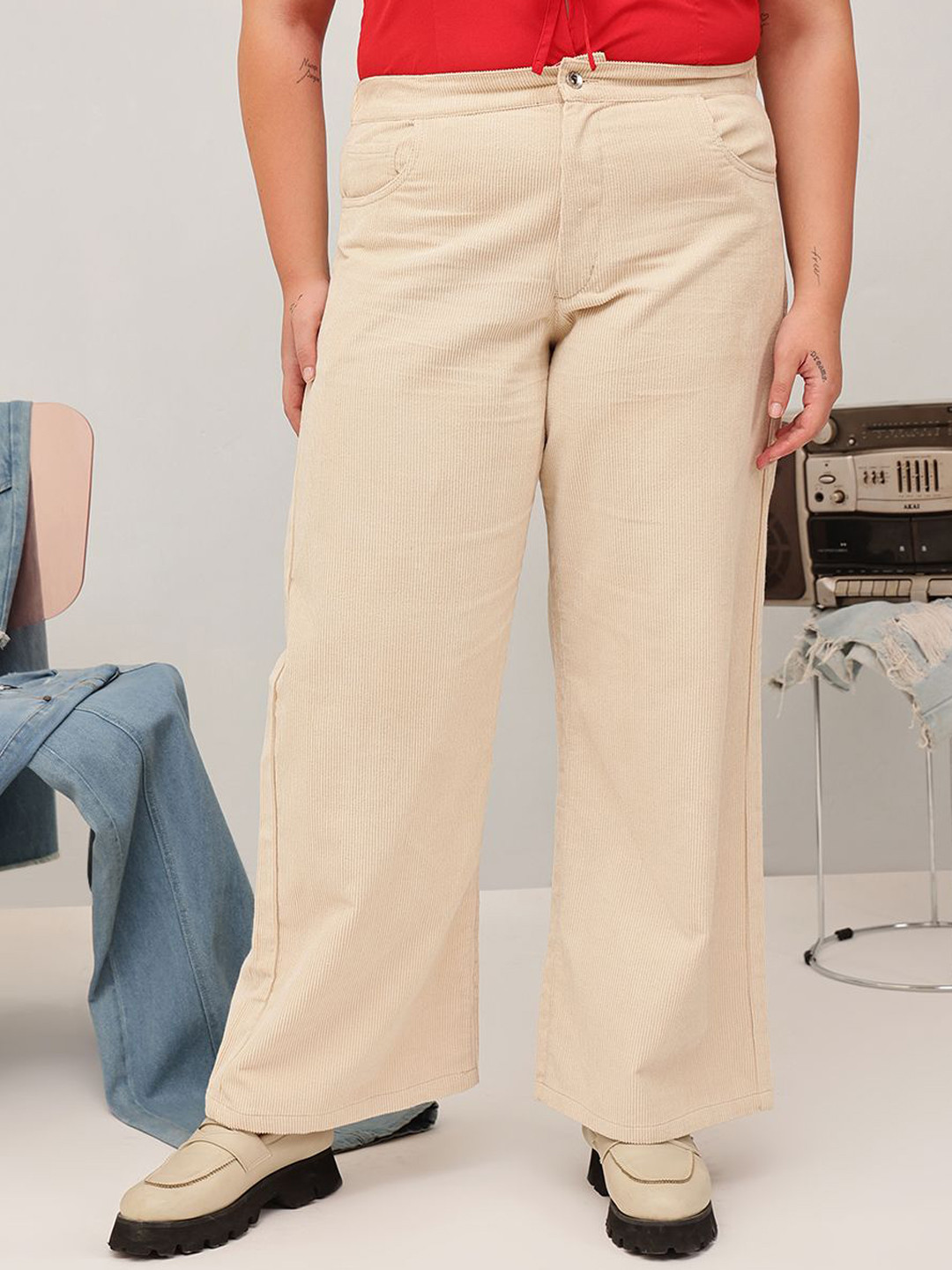 CURVY STREET Women Plus Size Original Wide Leg Corduroy Trousers