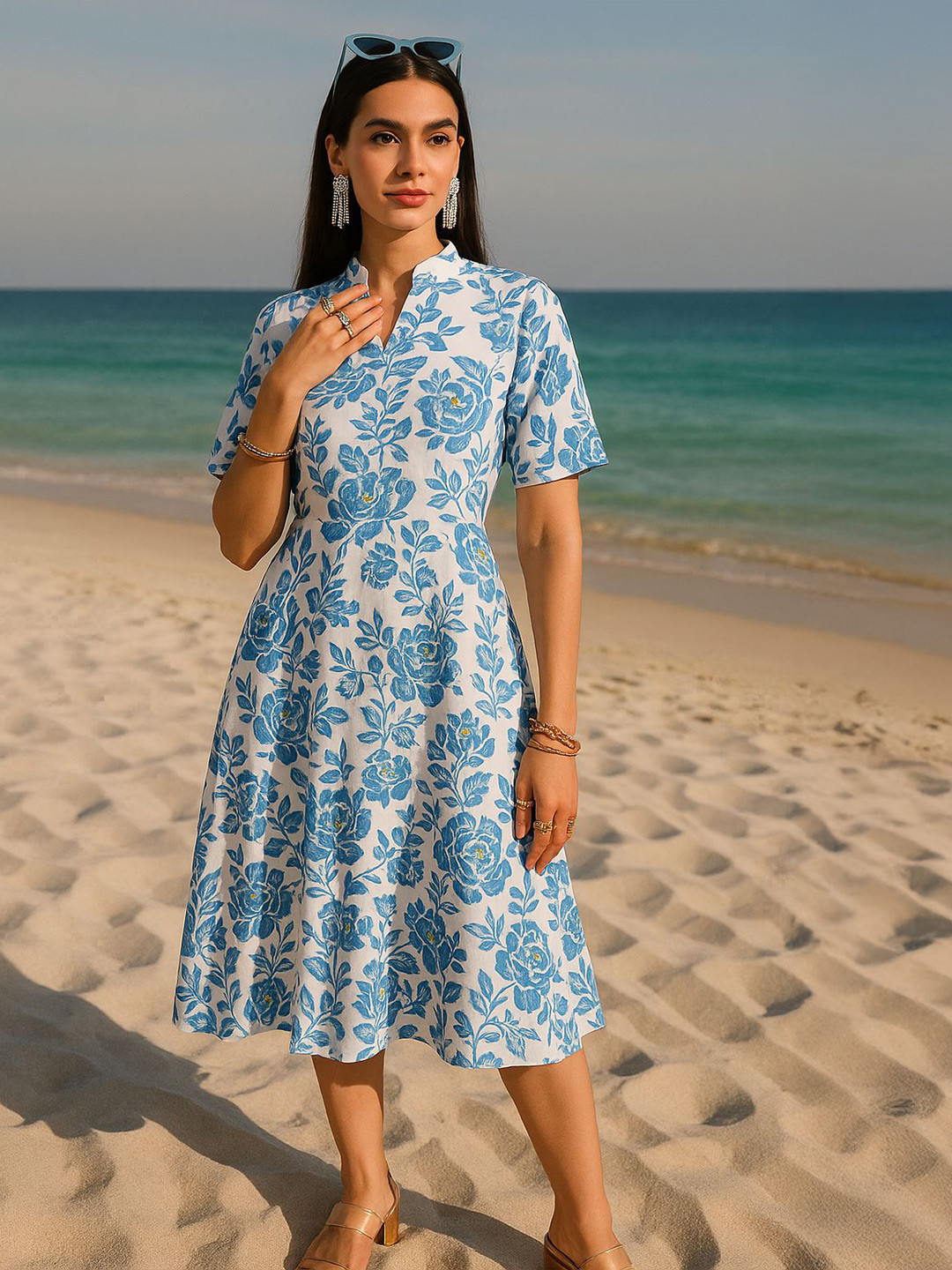 DressBerry Goya Dresses Women Floral Printed Mandarin Collar A-Line Dress