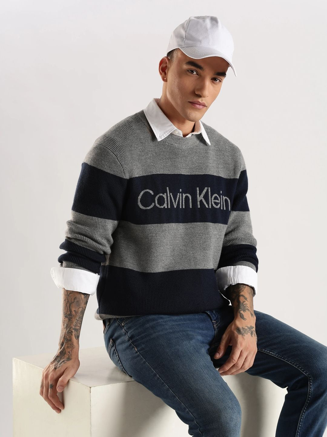 Calvin Klein Jeans Men Brand Logo Striped Regular Pullover Sweaters