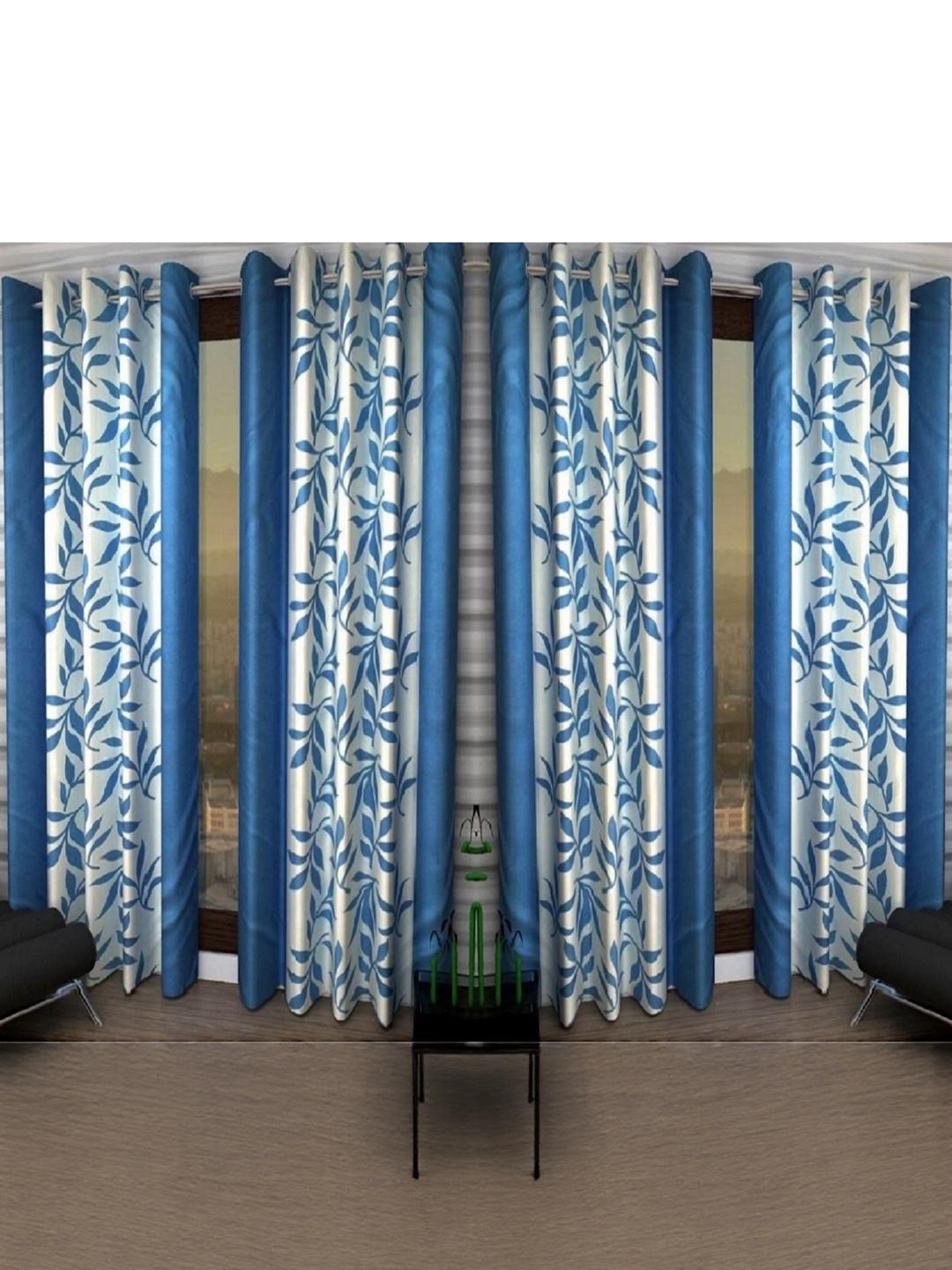 BELLA TRUE 270 cm (9 ft) Polyester Semi Transparent Long Door Curtain (Pack Of 4) (Floral, Aqua)