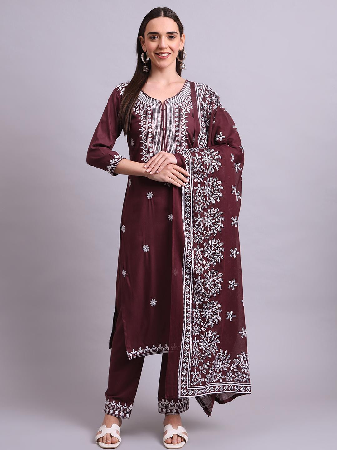Angkor Women Brown Floral Embroidered Cotton Kurta With Trousers & Dupatta Set