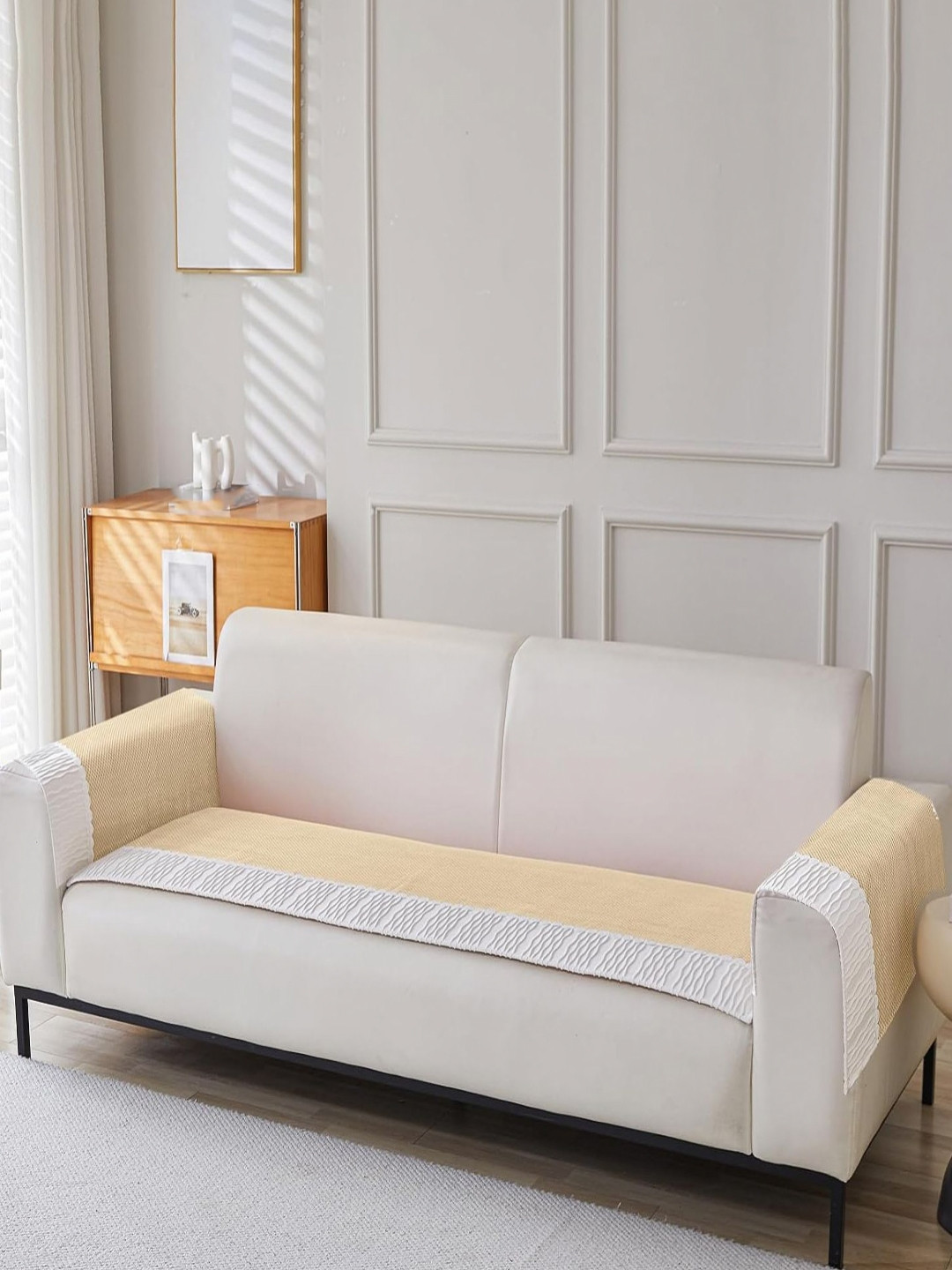 HOUSE OF QUIRK Gold-Toned & White Velvet  2Pcs Armrest & 1Pc Sofa Cover Set
