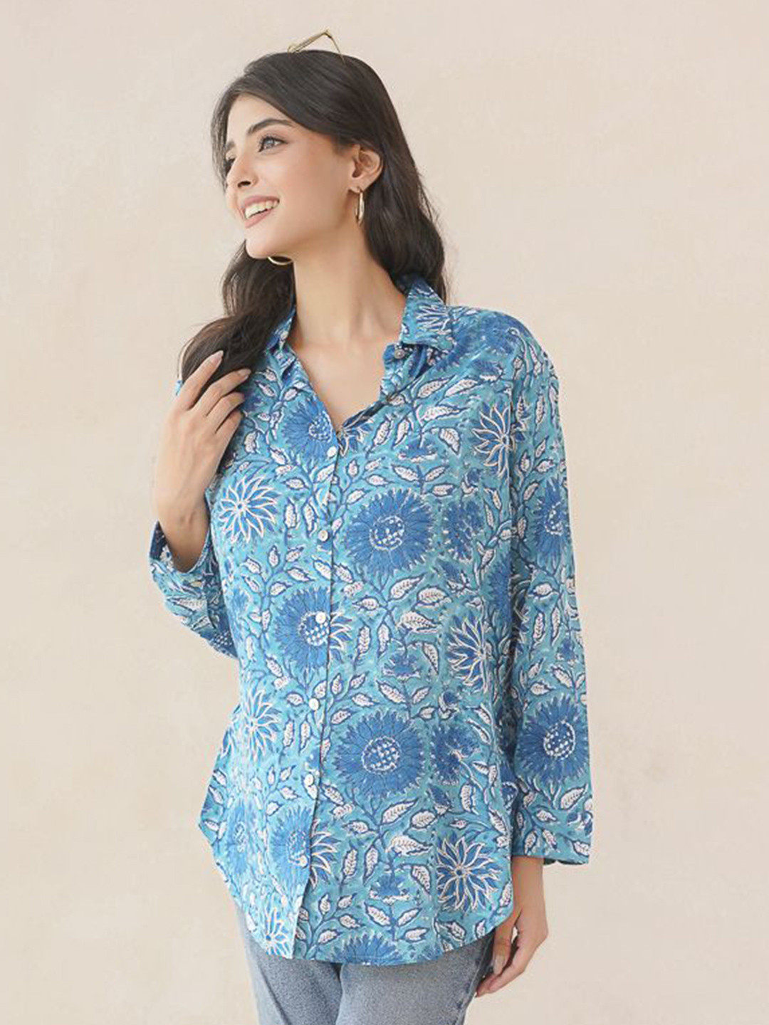 GOODHAND Women Shirt Collar Floral Print Cotton Top