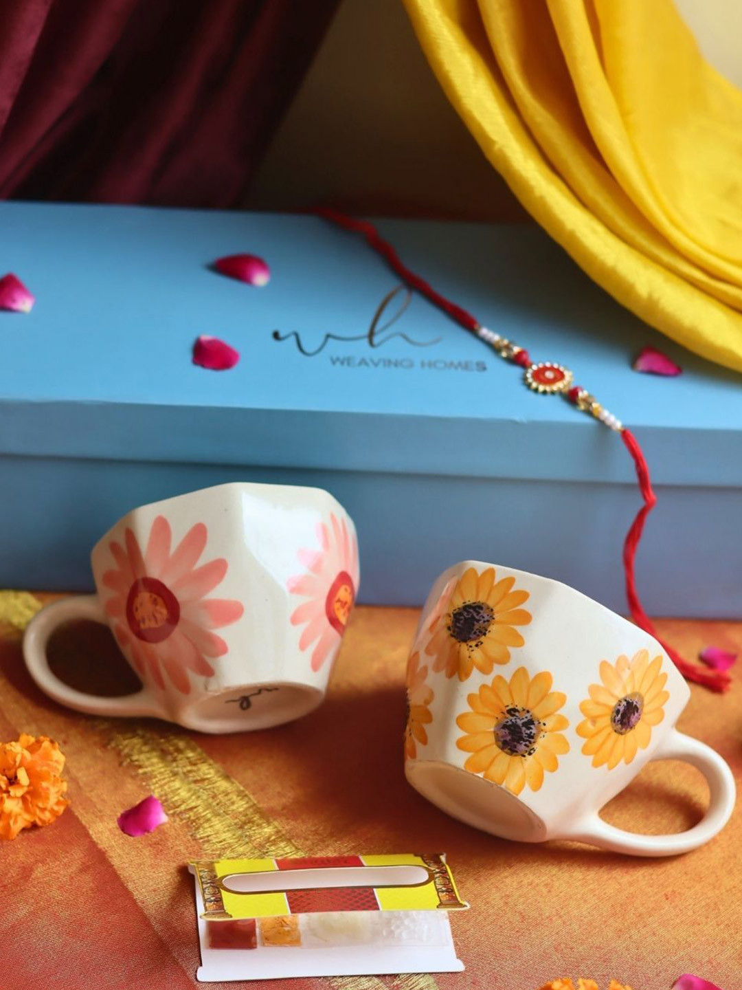 WEAVING HOMES Stone Studded & Beaded Thread Rakhi With Surajmukhi & Flower 2 Mugs