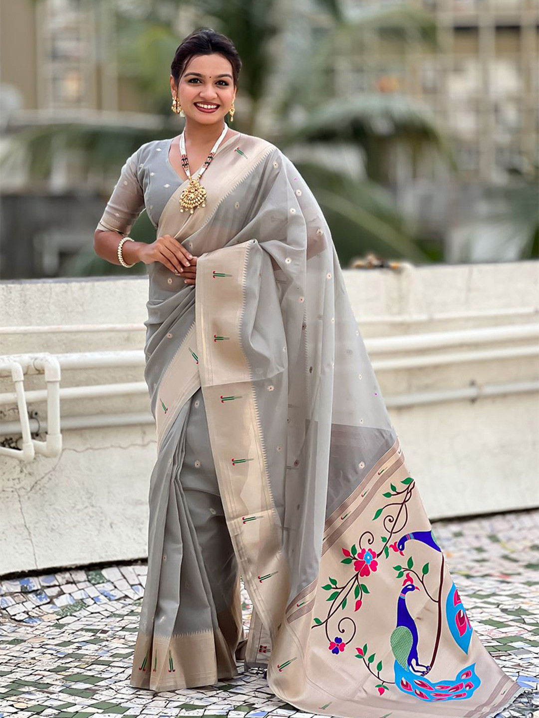 ELITE WEAVES Vama Grey Woven Zari Paithani Organza Saree