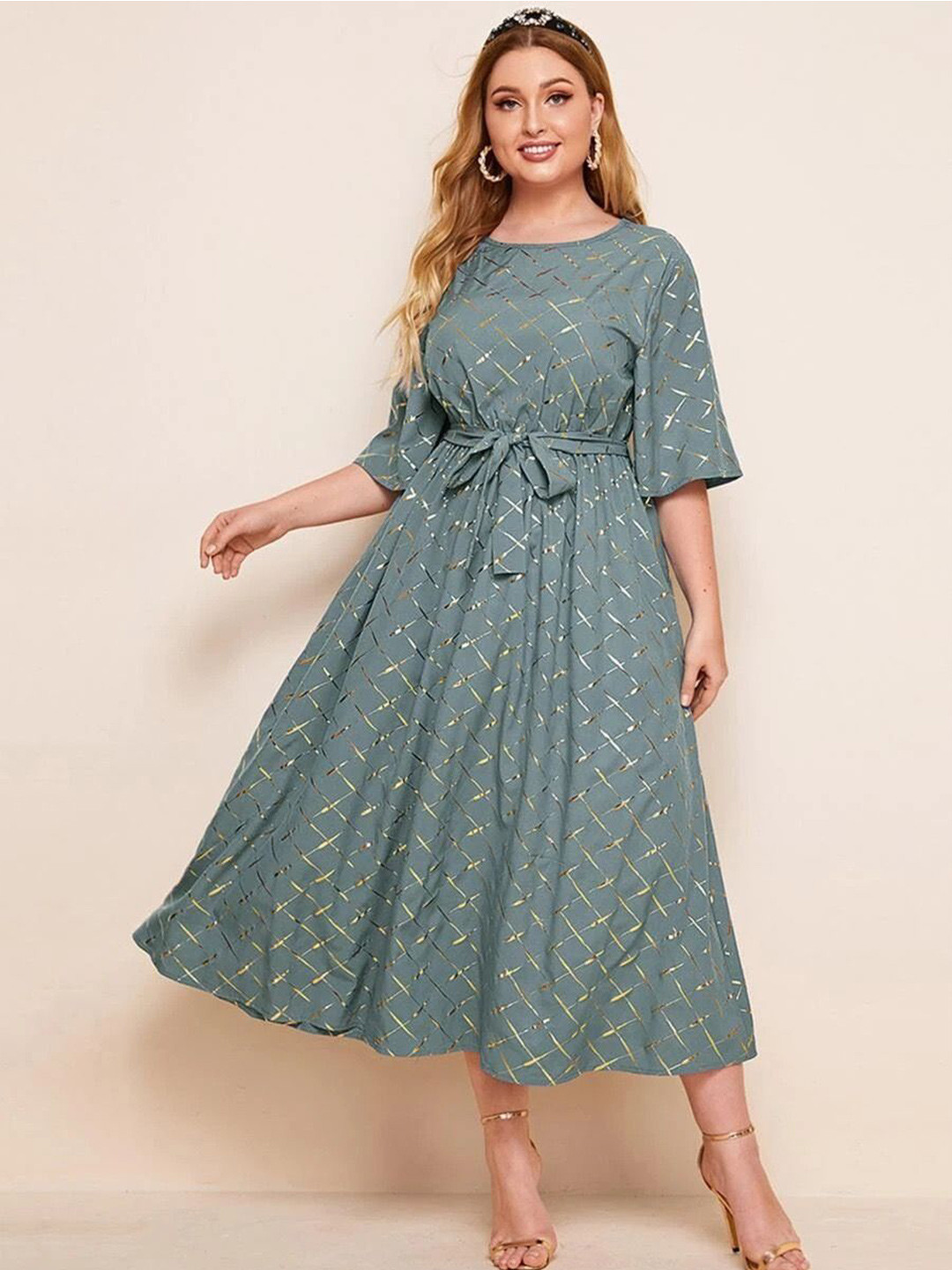 Sztori Women Geometric foil Print Plus Size Fit and Flare Midi occasion Dress