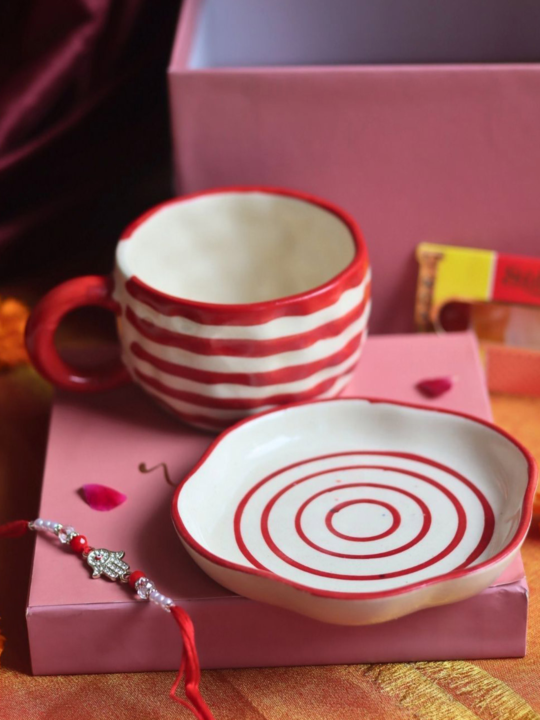 WEAVING HOMES Stone Studded & Beaded Thread Rakhi With Mug & Dessert Plate