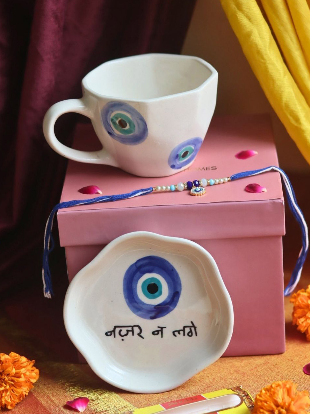 WEAVING HOMES Evil Eye Rakhi With Mug & Dessert Plate
