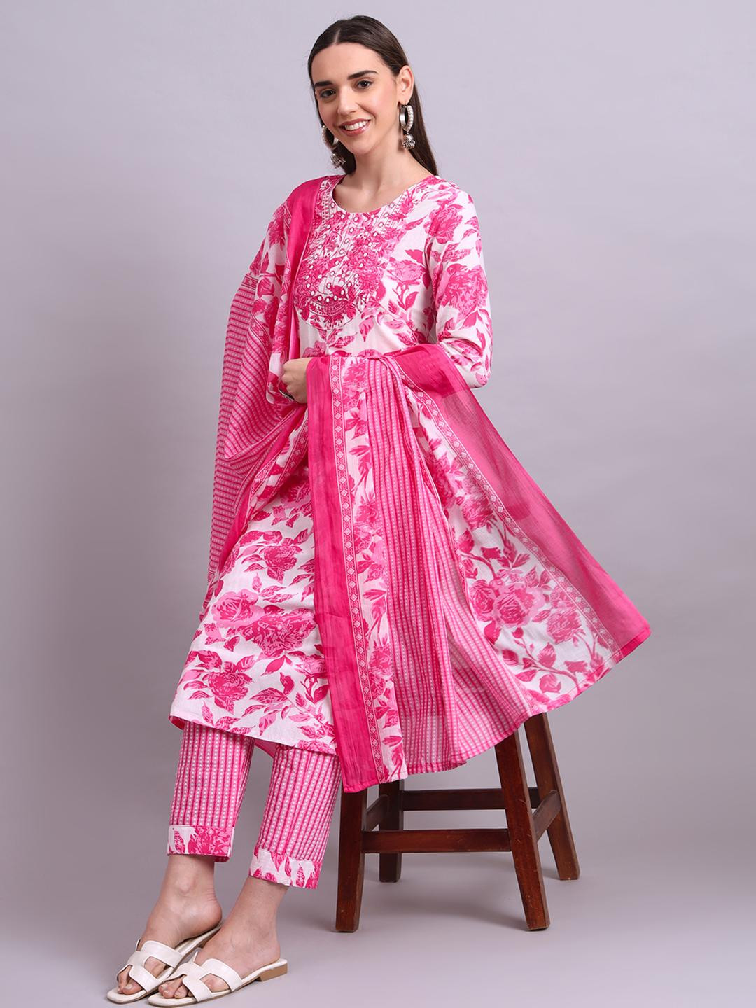Angkor Women Pink Floral Printed Pure Cotton Kurta with Trousers & With Dupatta