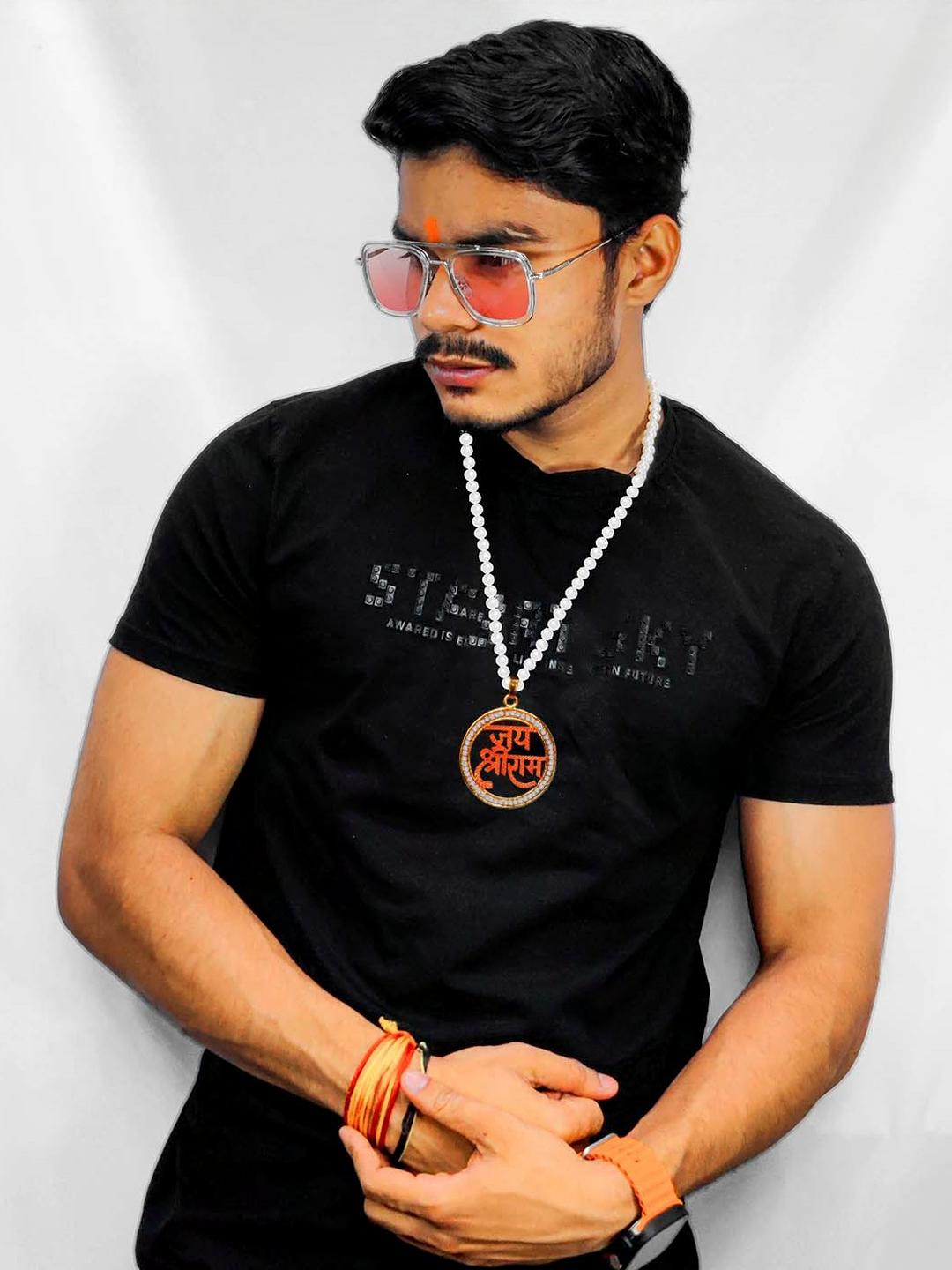 Airtick Unisex Gold and White Pack of 2 Jai Shri Ram Round Nug Pendant Necklace