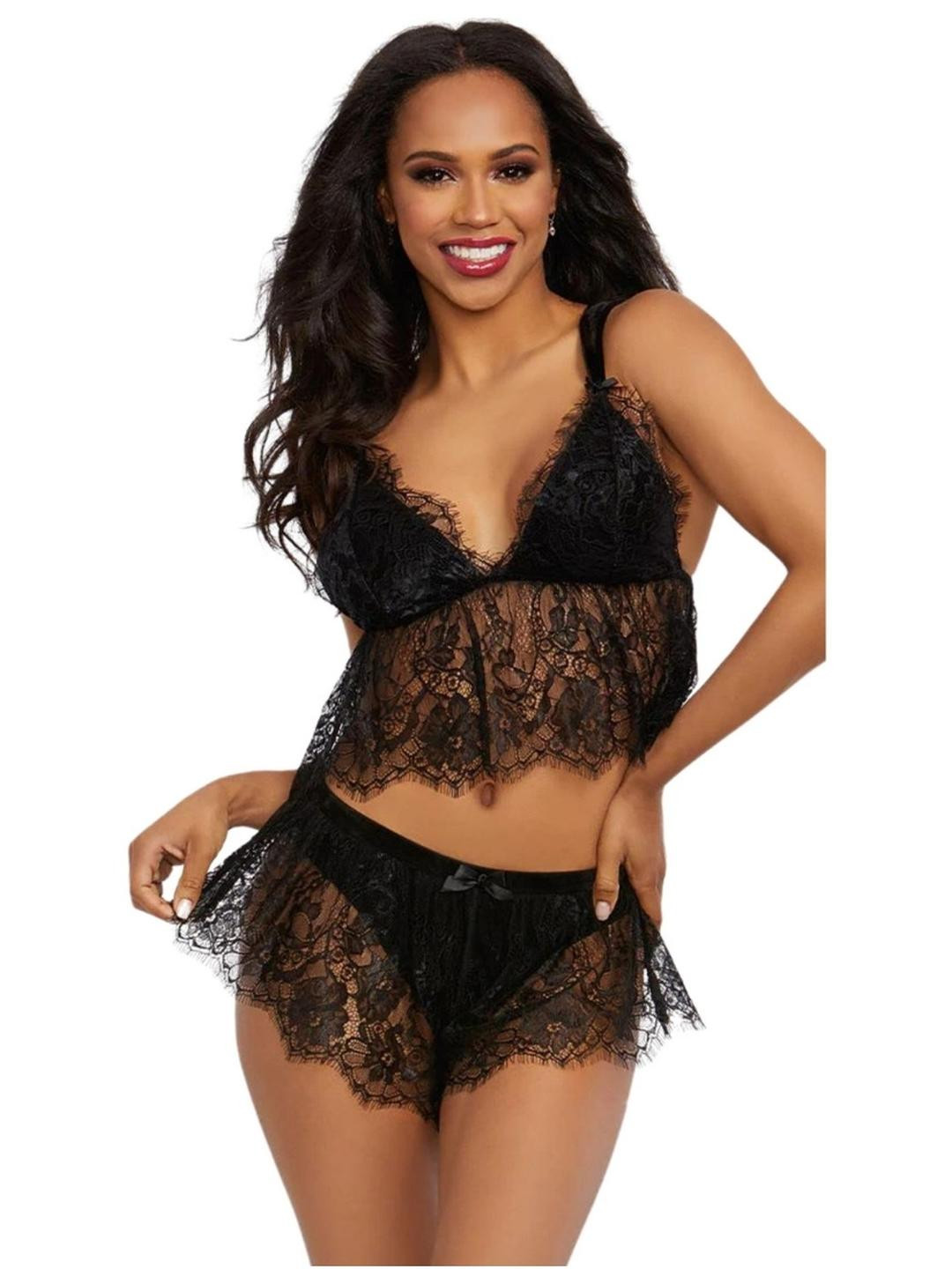 Ribald The Neech Black Floral Lace Bralette & Mini Skirt Set
