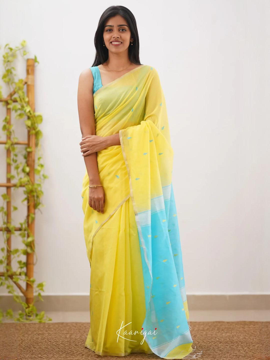 SHOPONBIT Women Yellow & Blue Border Poly Silk Saree