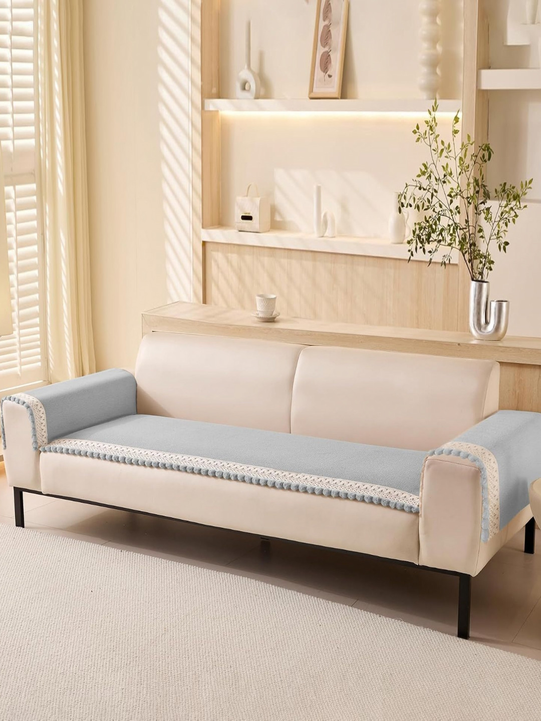 HOUSE OF QUIRK Grey & White Chenille  2Pcs Armrest & 1Pc Sofa Cover Set