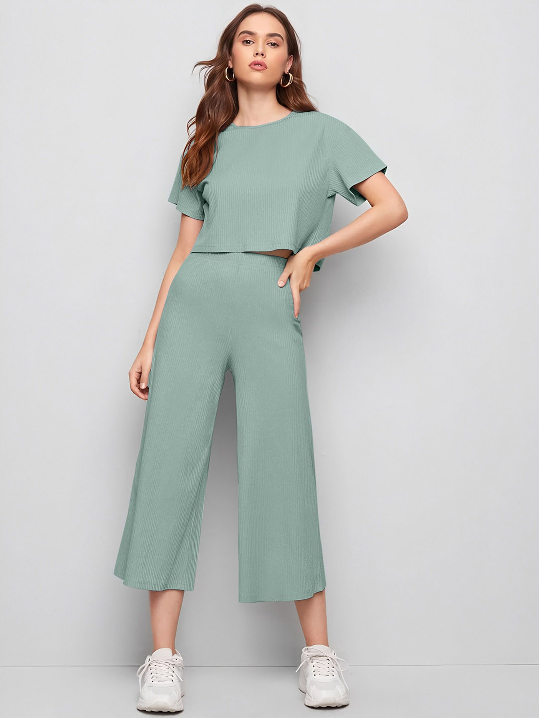 WATAY Round Neck Half Sleeve Crop Top With Trousers Co-Ords