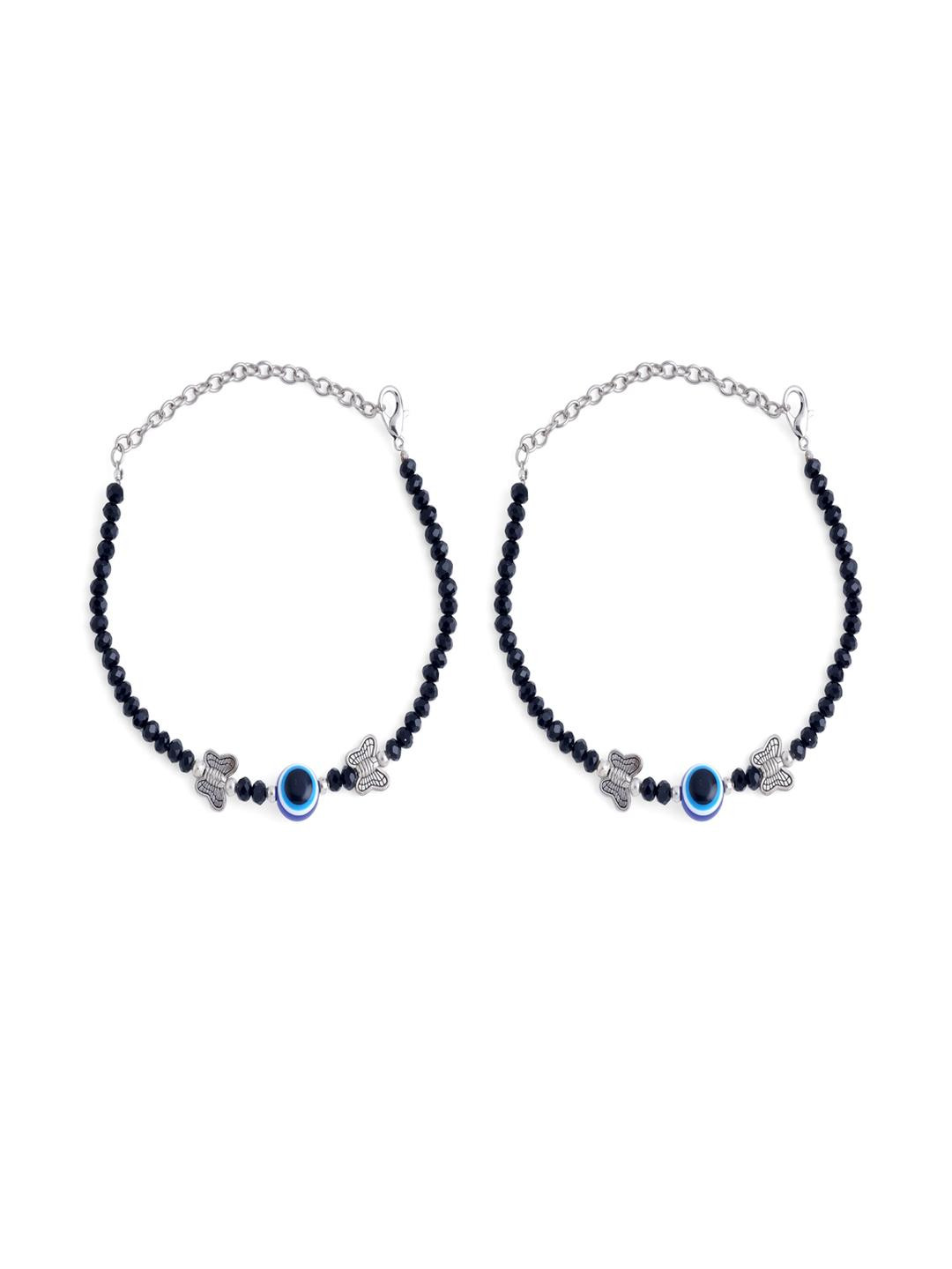 Samsiddhi Pack of 2 Silver-Plated Artificial Beads Butterfly design Charm Thread Anklet