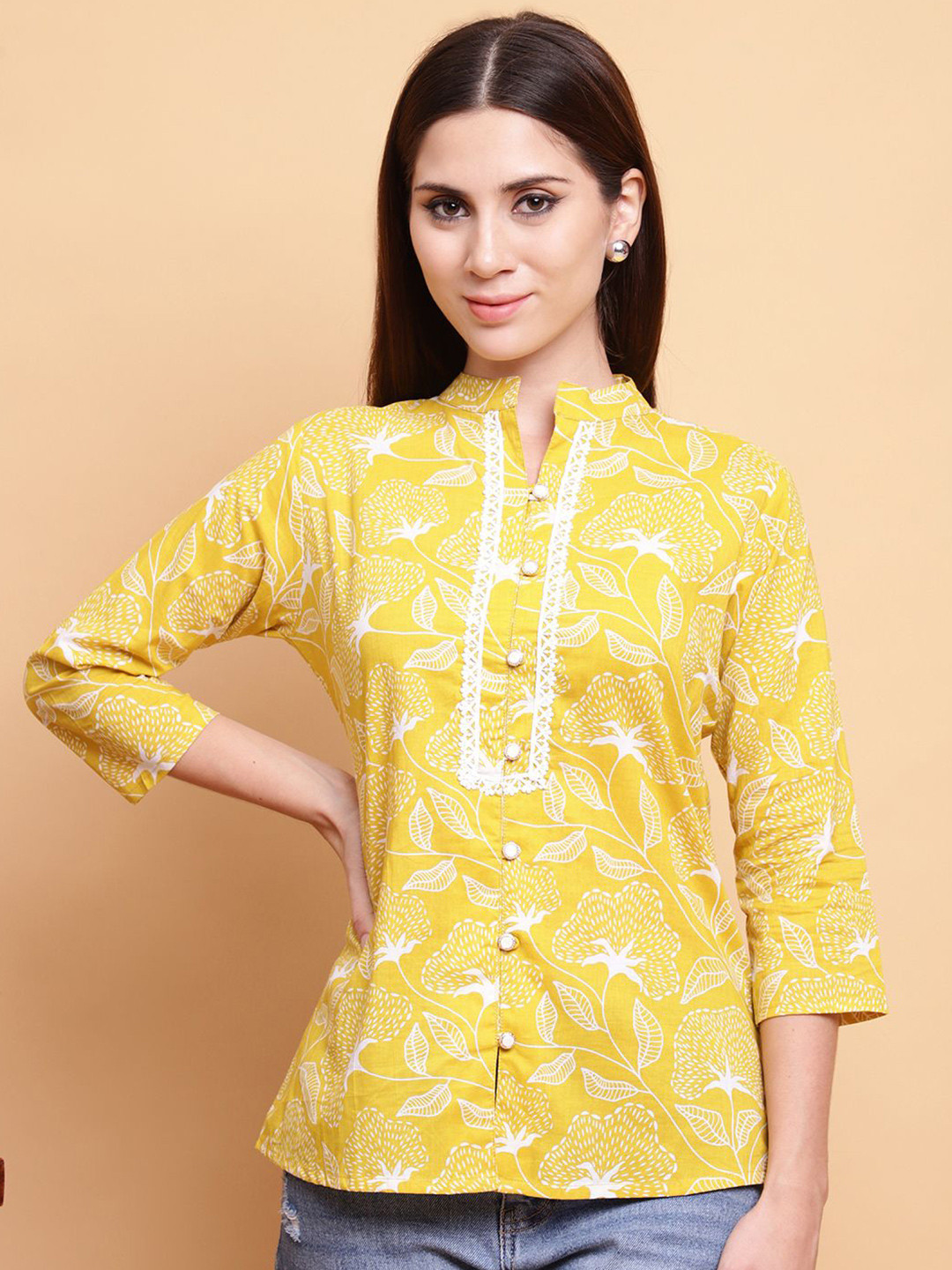 anzeer Women Floral Print Mandairan Coller Straight Kurti