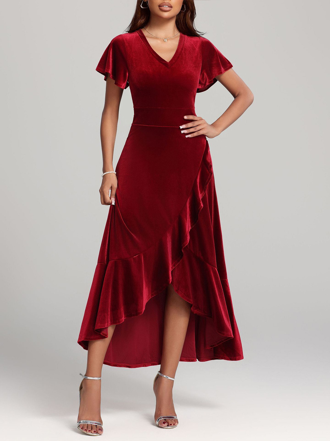 HERE&NOW Women V-Neck Flared Sleeves Wra Midi Dress