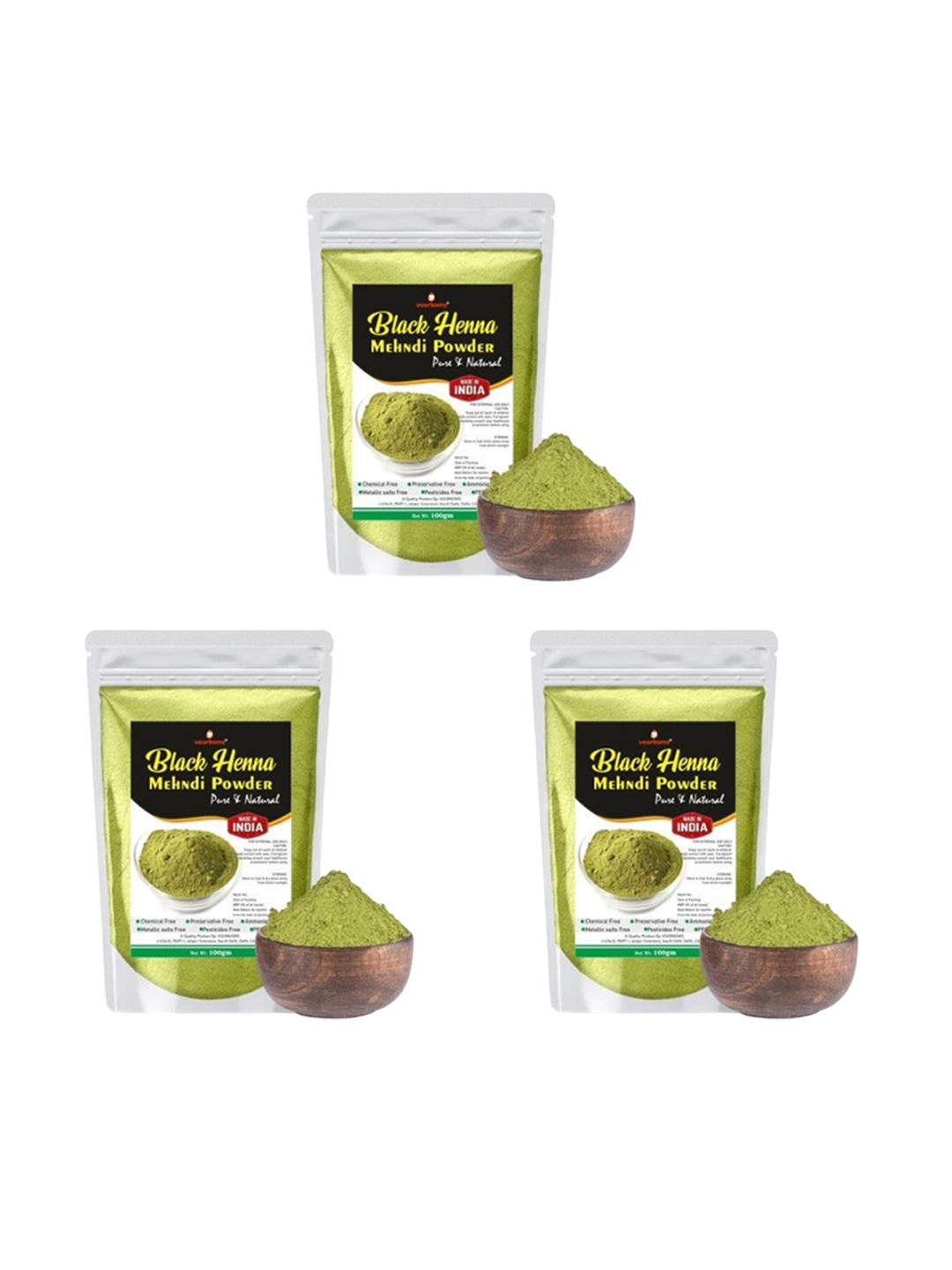 VOORKOMS Set Of 3 Black Henna Mehndi Powder For Hair Colour - 100 g Each