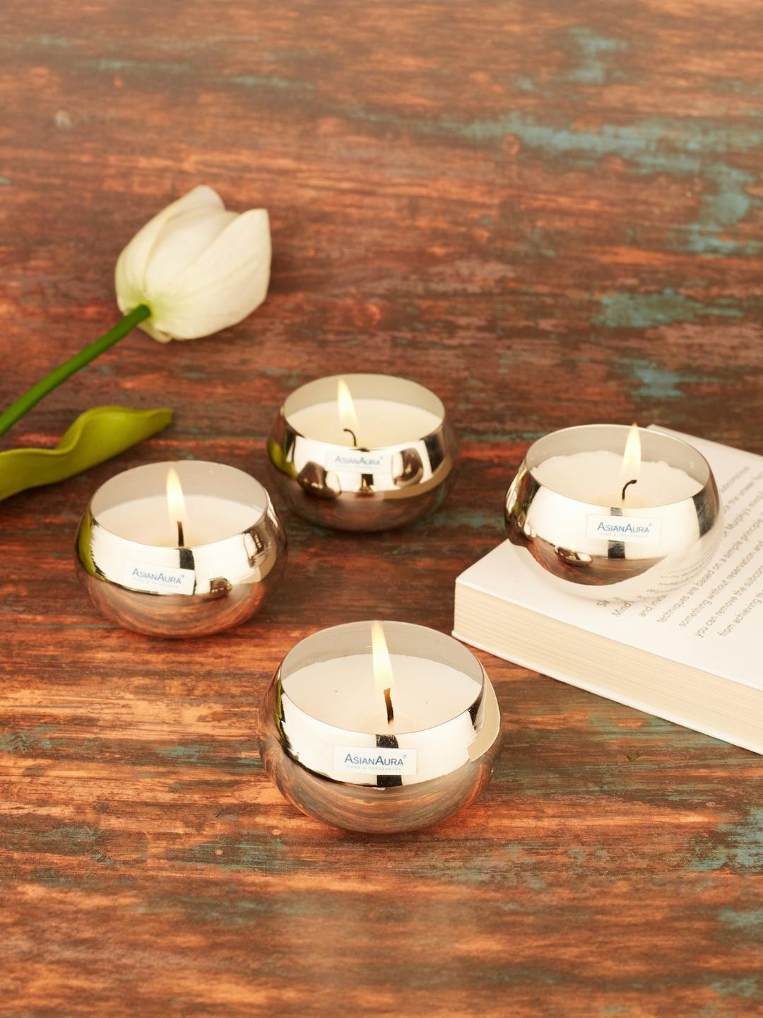 Asian Aura Metal Round 4Pcs Scented 1 Wick White Jasmine Solid Regular Jar Candles