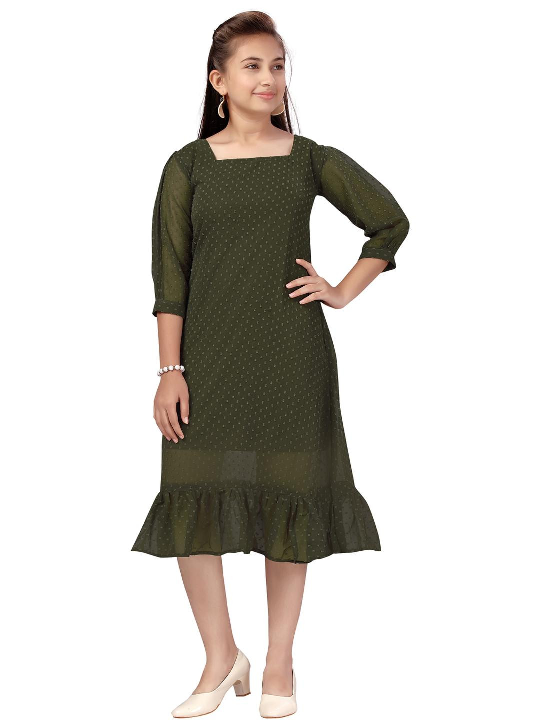 Muhuratam Kids-Girls Green Dresses