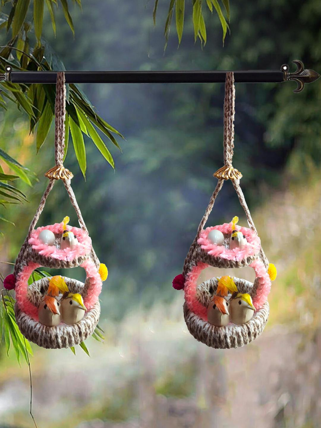 The Shine Store Artificial Bird Nest Chidiya with Grass Jute 2Pcs Wall Hangings-11.8In