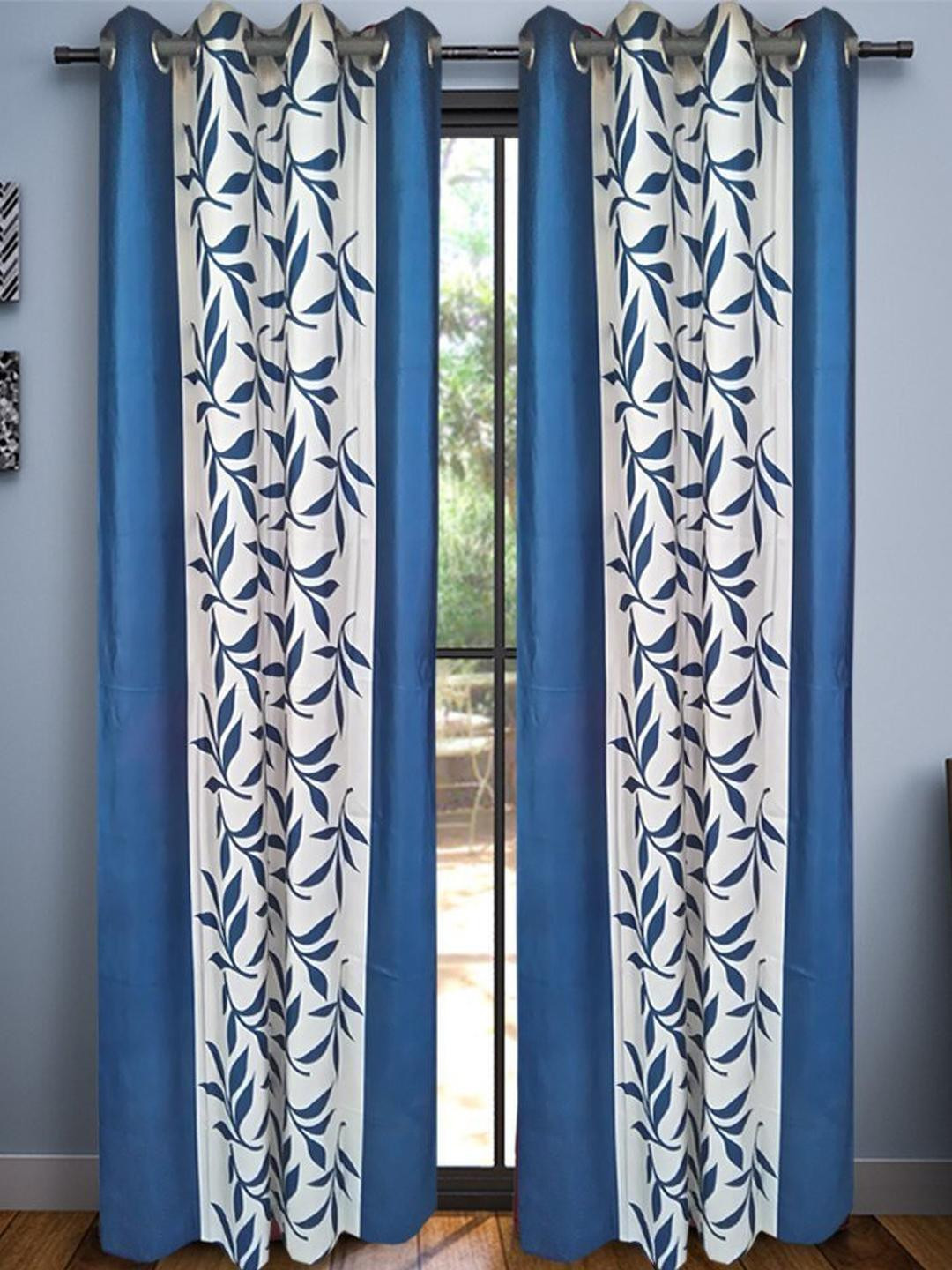 213 cm (7 ft) Polyester Semi Transparent Door Curtain (Pack Of 2) (Floral, SkyBlue)