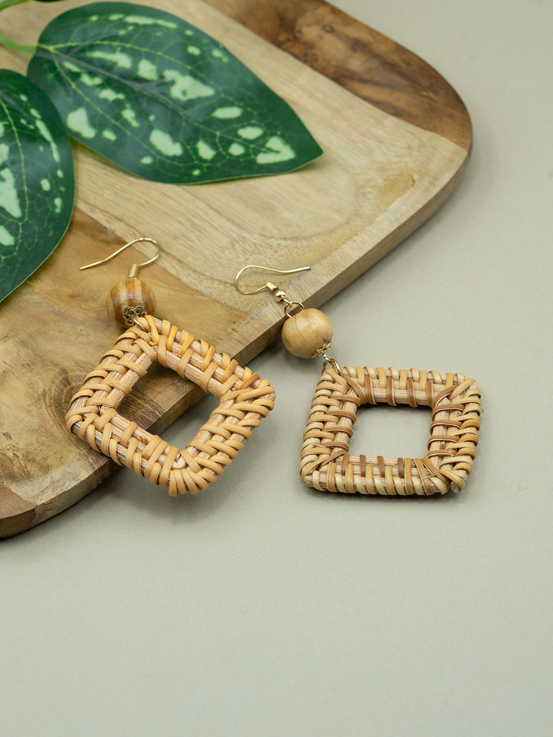 ARTKLIM Artificial Beaded Boho Rattan Wooden Square Drop Earrings