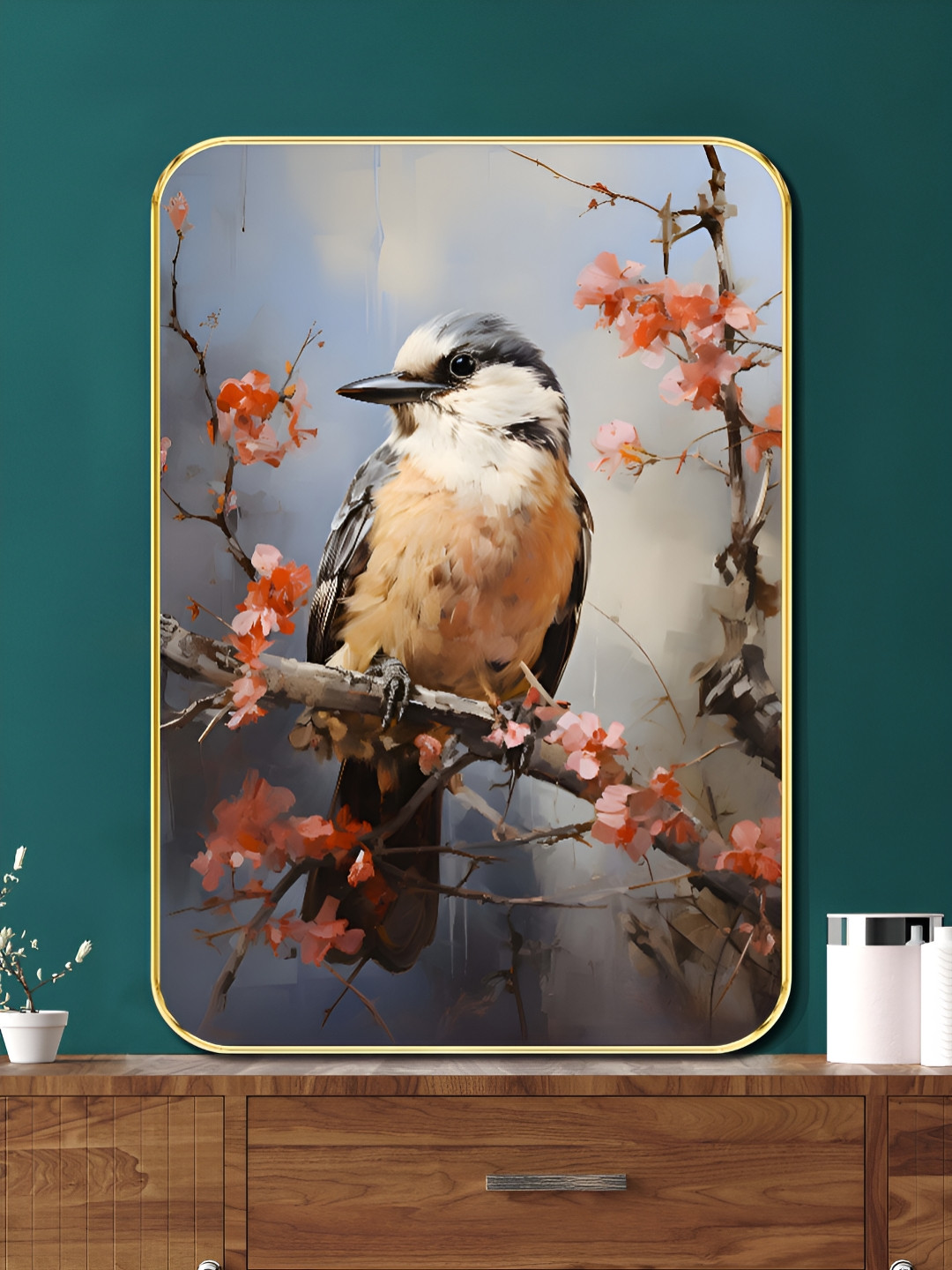 Livin'luxe Blue & Black Cherry Blossom Bird Printed Wall Art