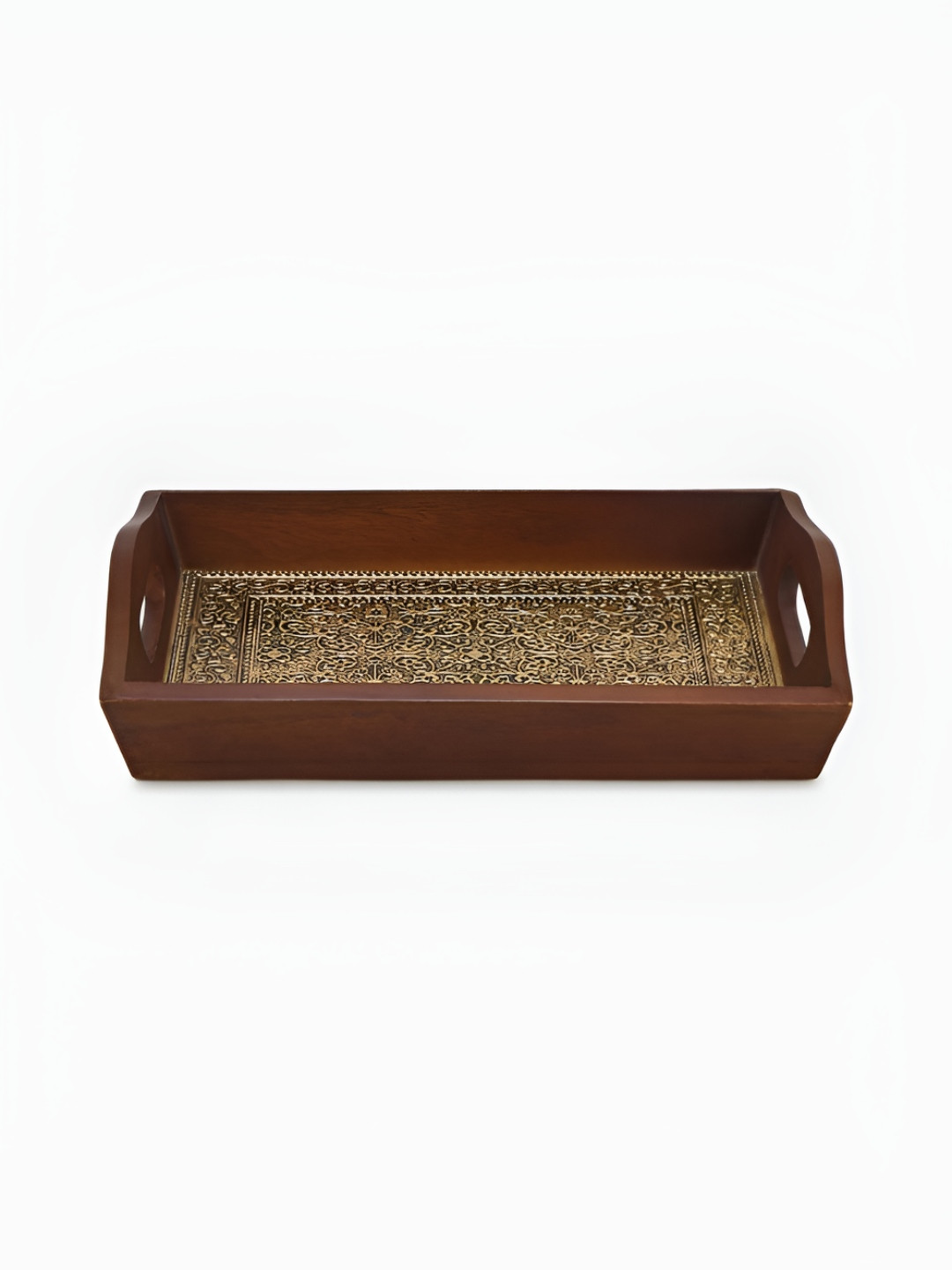 Fabindia Zareen Brown & Gold-Toned Textured Wooden Serving Tray