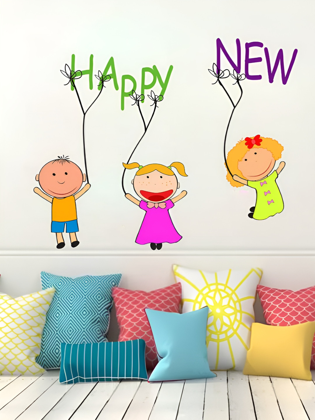 LANSTICK Green & Purple Children with New Year Printed Matte Finish Wall Sticker