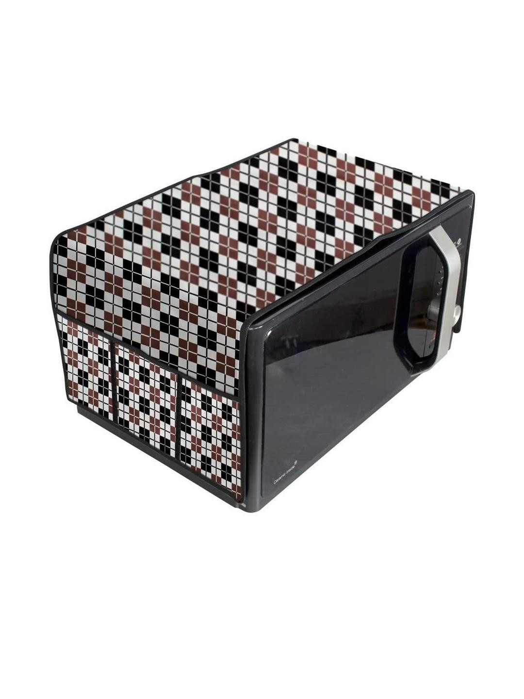 Waterproof & Dustproof PVC Microwave Oven Top Cover with 6 Utility Pockets Chec