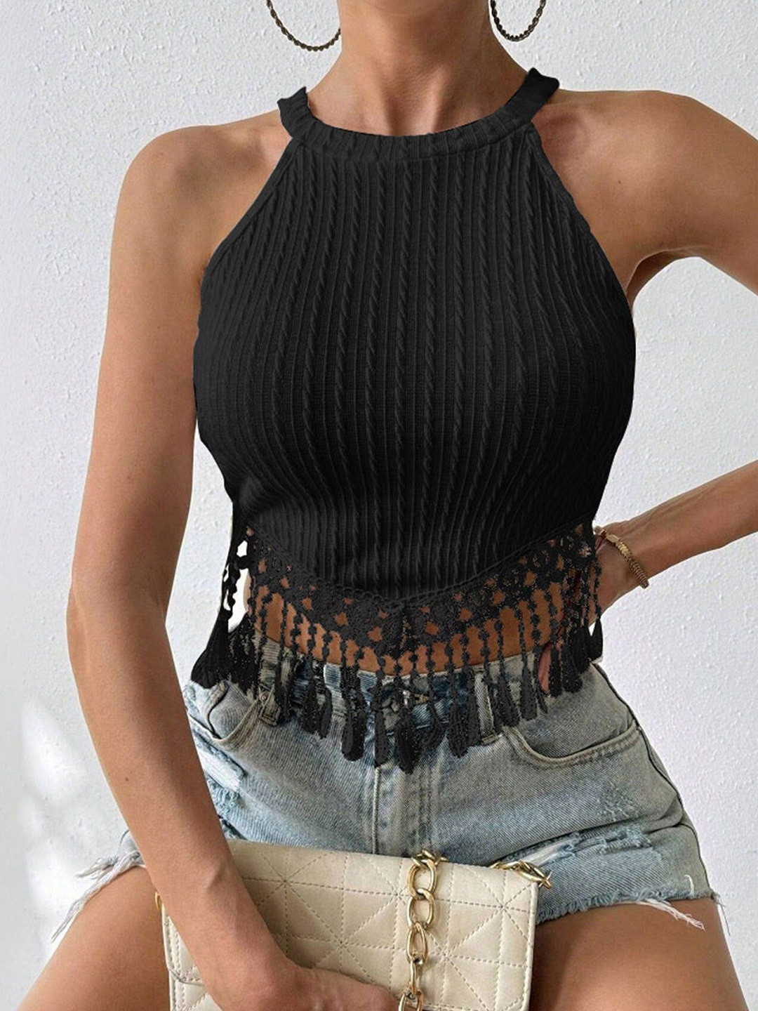 Outzidr Women Tank Crop Top With Fringed Detailed