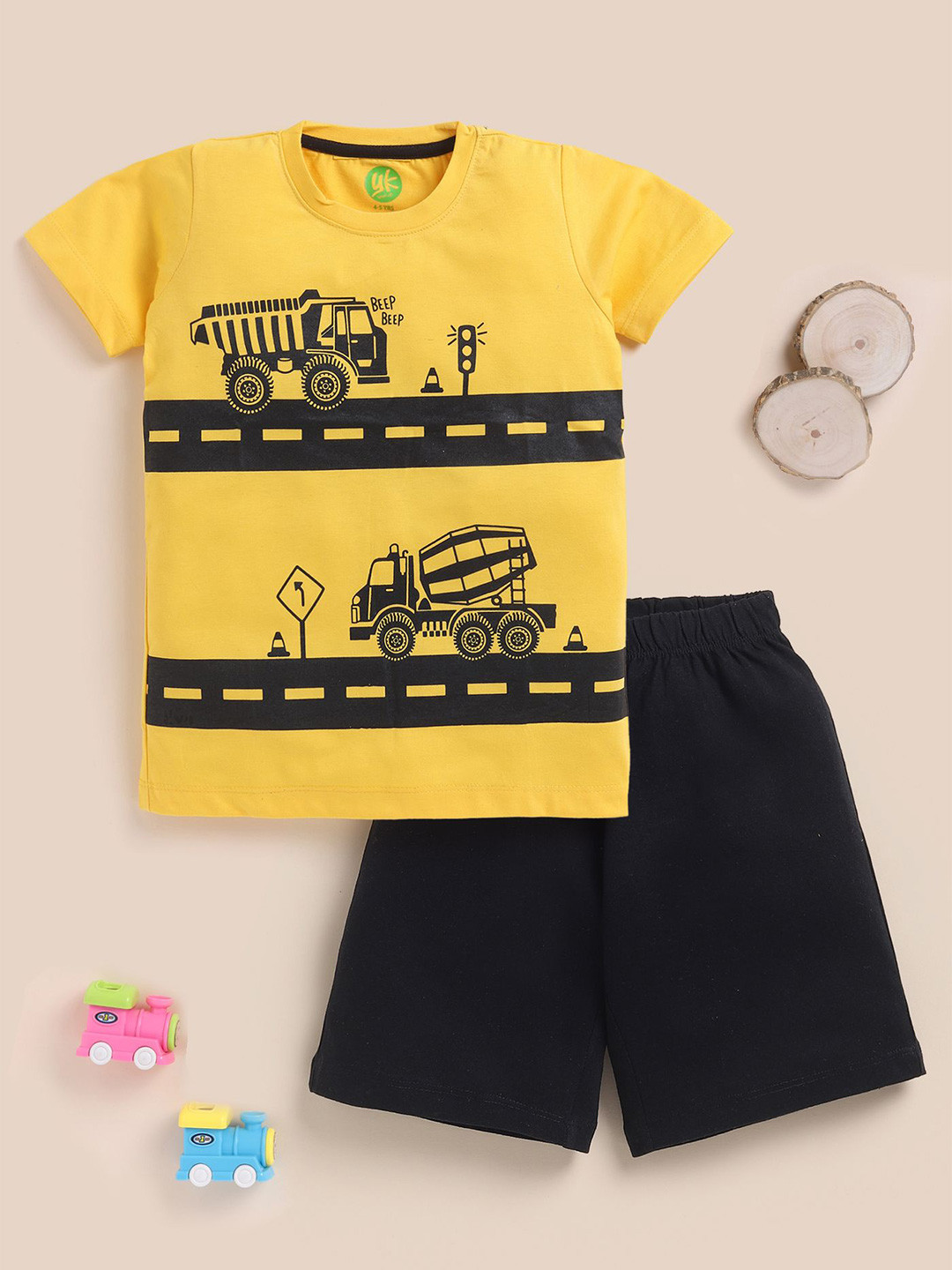 YK Boys Truck Printed Round Neck T-Shirt With Shorts