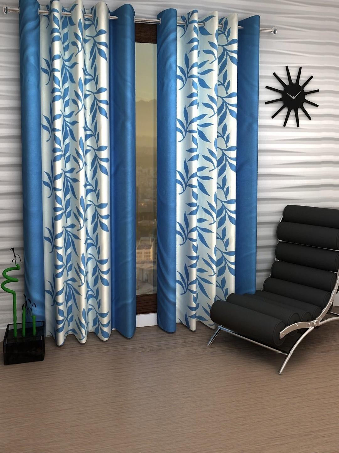BELLA TRUE 153 cm (5 ft) Polyester Semi Transparent Window Curtain (Pack Of 2) (Floral, Light Blue)
