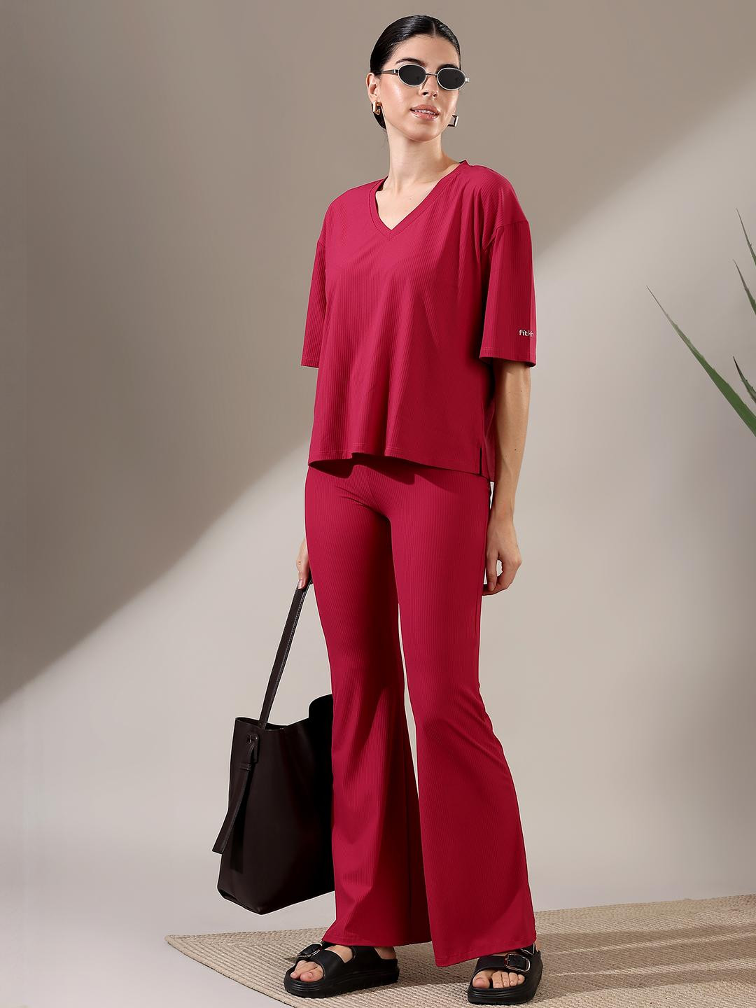 Fitkin Luxe  Top Women Magenta Berry Ribbed V-Neck Relaxed Fit Top