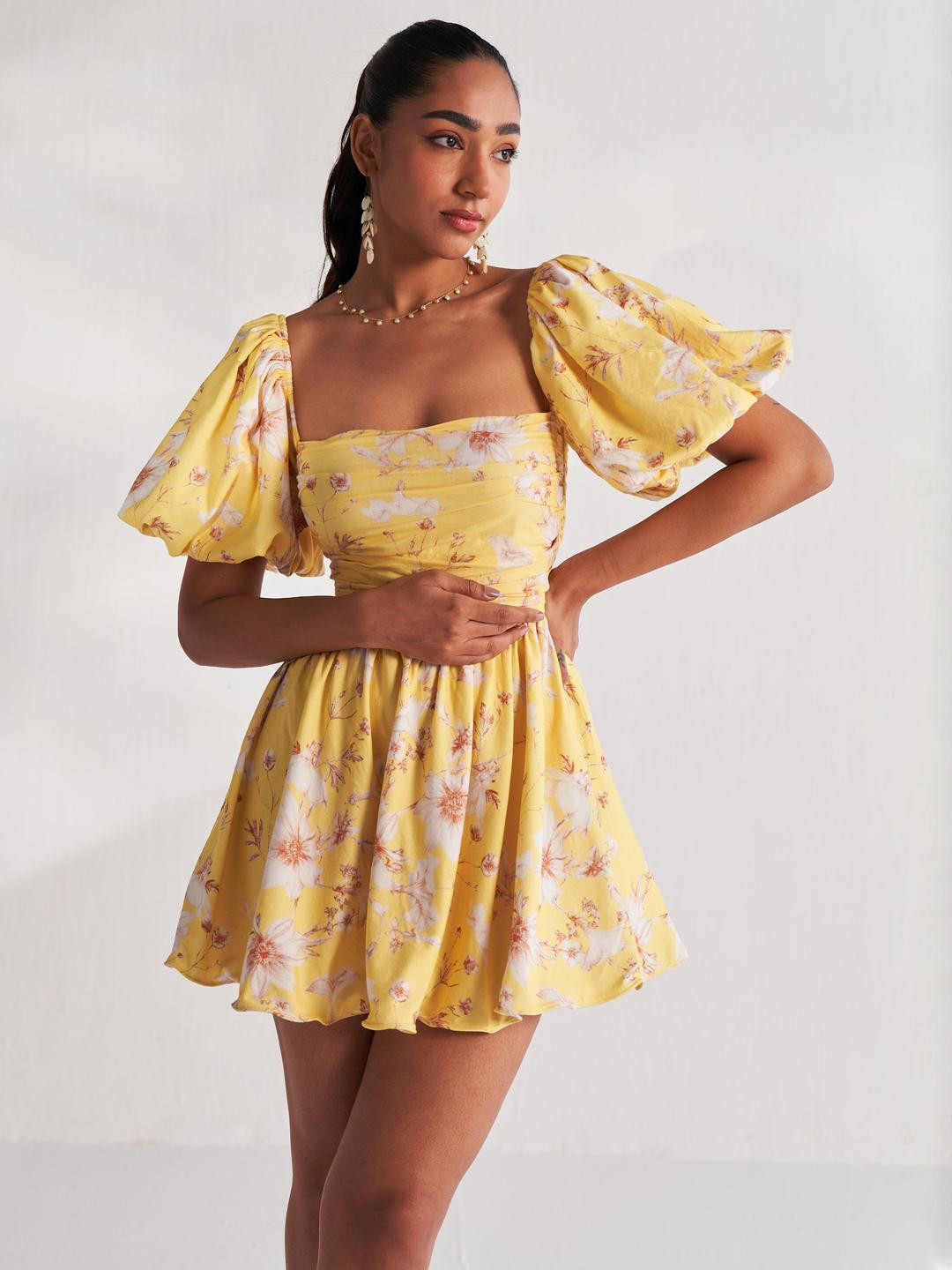 ROZE Floral Print Puff Sleeve Fit & Flare Mini Dress