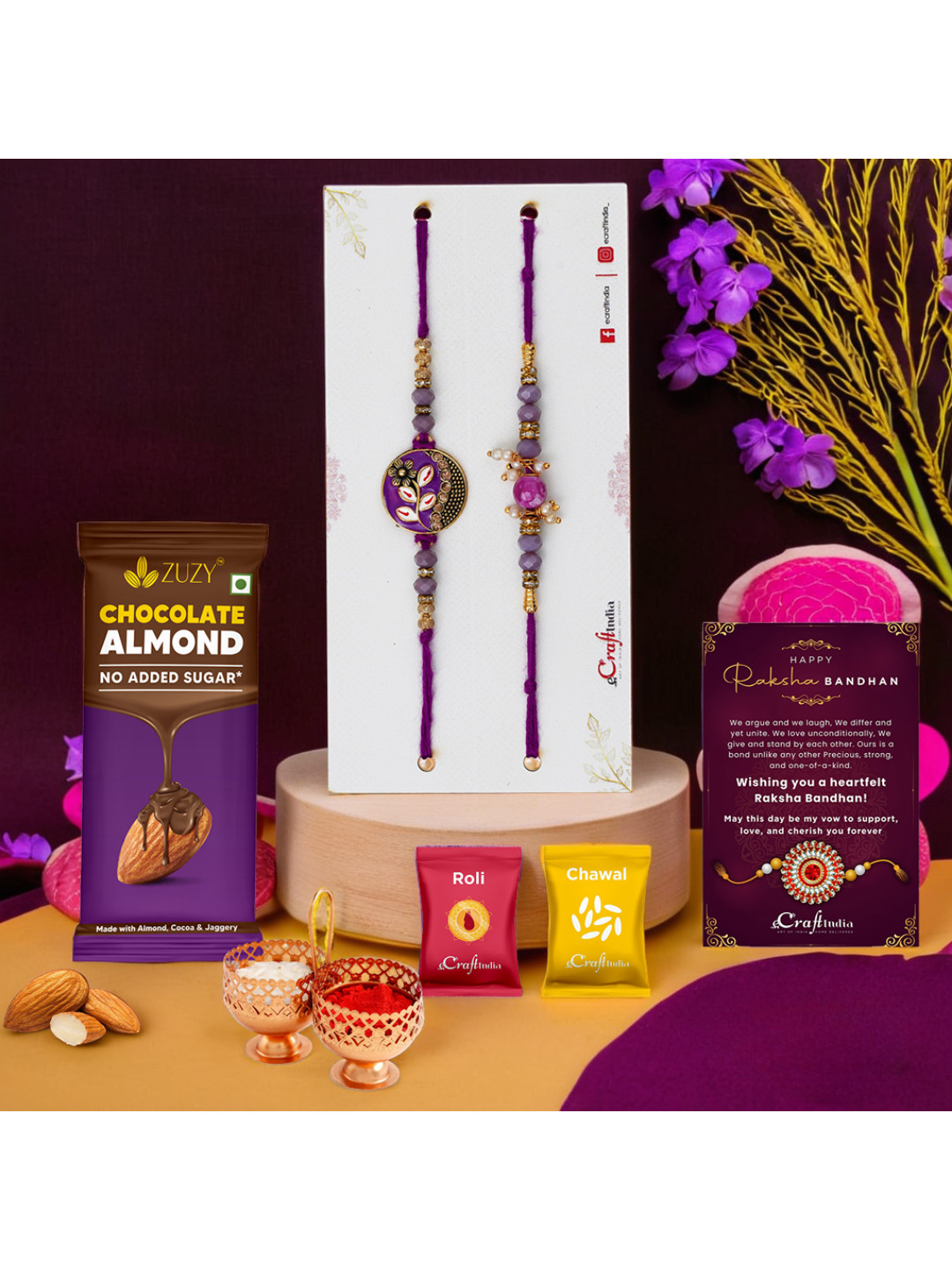 eCraftIndia 2-Pc Floral Designer Rakhis & Chocolate With Roli Chawal Gifts