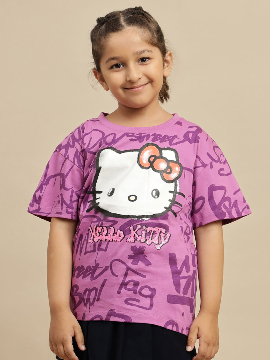 Kids Ville Girls Hello Kitty Printed Oversized Tshirt Oversized Tshirt