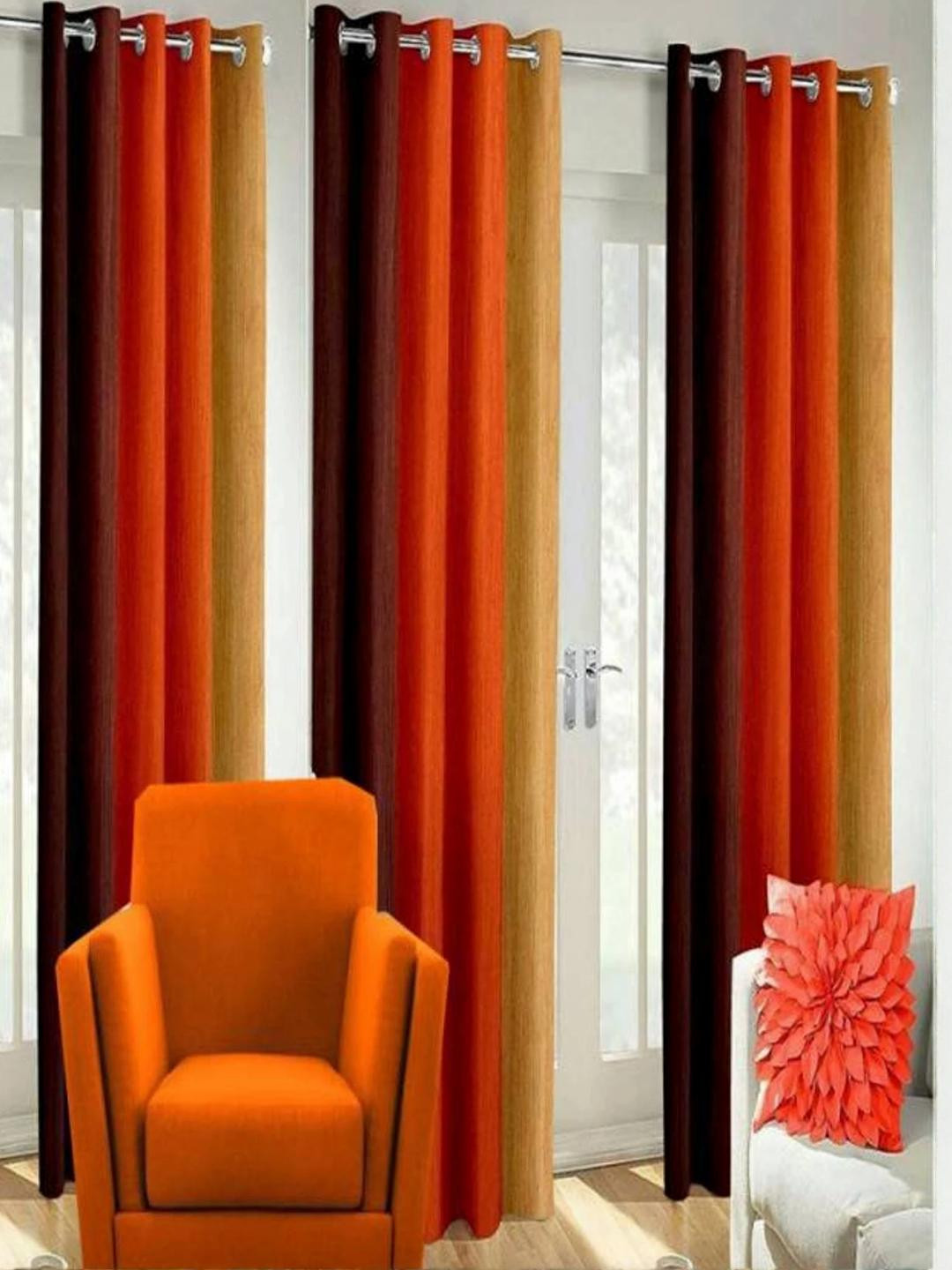 151 cm (5 ft) Polyester Semi Transparent Window Curtain (Pack Of 3) (Striped, Orange)