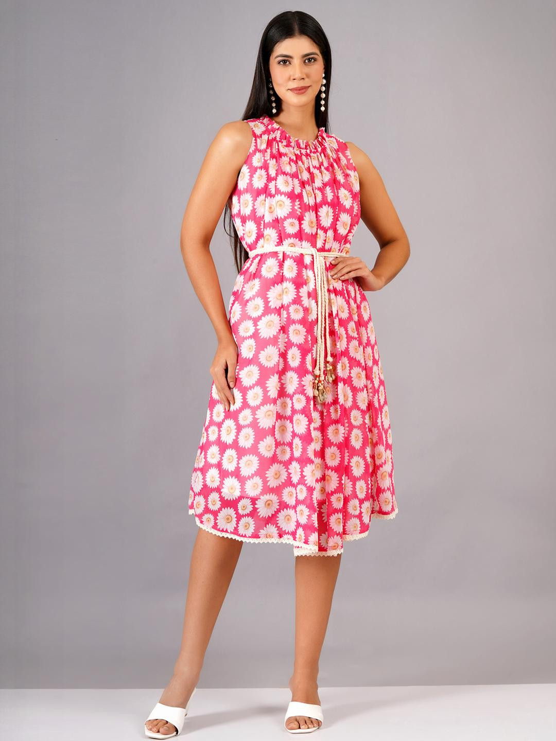 Jyoti Women Pink Floral Georgette Round Neck Fit & Flare Sleeveless Casual Midi Dress