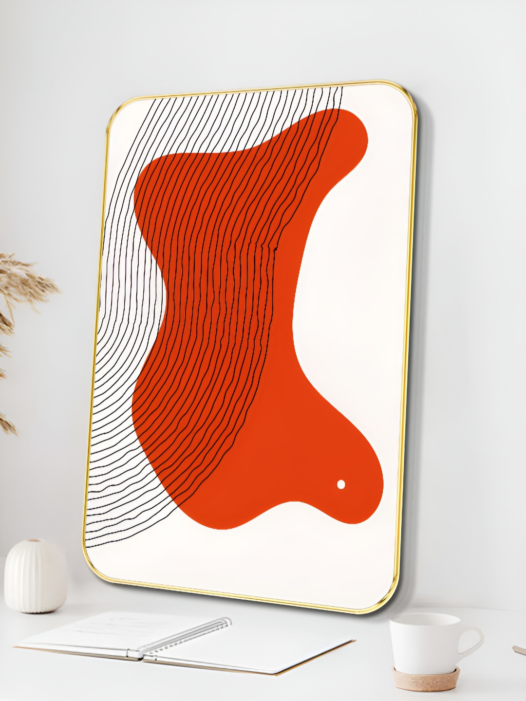 Livin'luxe White & Orange Colored Wave Printed Wall Art