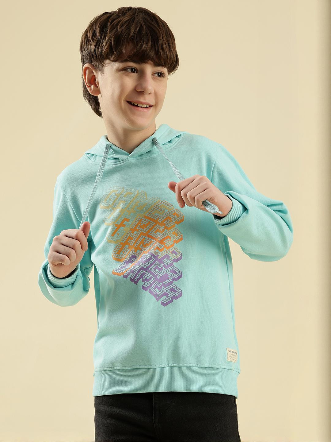 Lil Tomatoes Boys Sky Colored Printed Hooded Sweatshirt